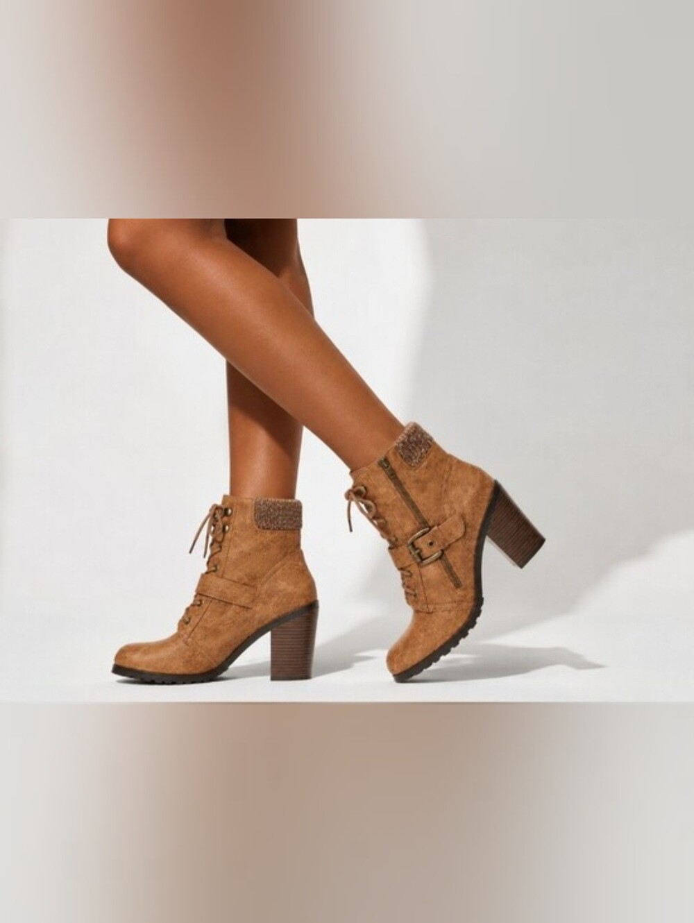 JustFab Orquidia Cognac Chunky Heel Ankle Boots